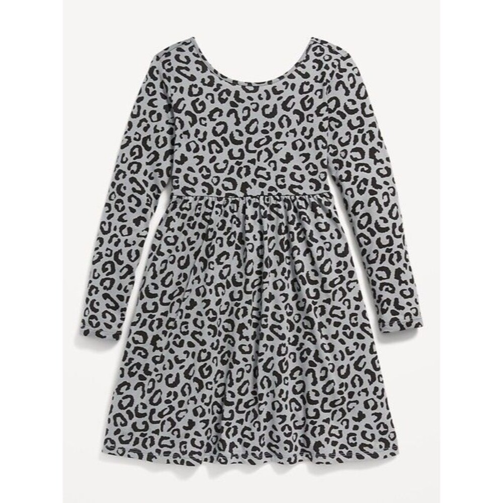 Old Navy Girls XL Leopard Fit & Flare Dress Black Long Sleeve Scoop Neck